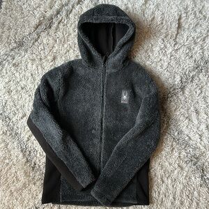 Cozy Gray and black Mens zip up fleece fur hooded jacket